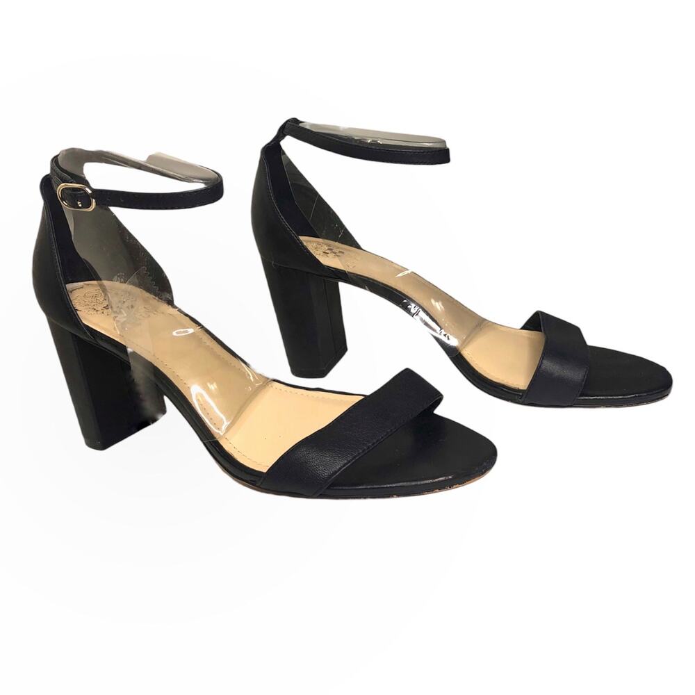 Vince Camuto Block Heel Ankle Strap Minimal Sandal Black Classic 9.5